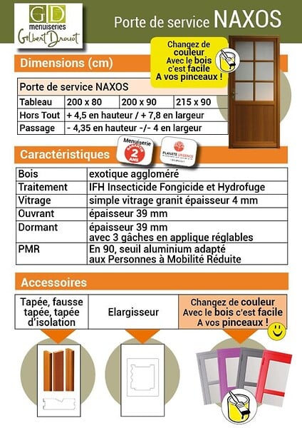 GD MENUISERIES - Porte De Service Bois Vitrée Naxos, H200 x L80 Côte Tableau, p.Gauche (Poignée, Barillet ref 01245F924) - large