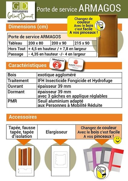 GD MENUISERIES - Porte De Service Bois pleine Armagos, H200 x L90 Côte Tableau, p.Droit (Poignée, Barillet ref 01245F924) - large