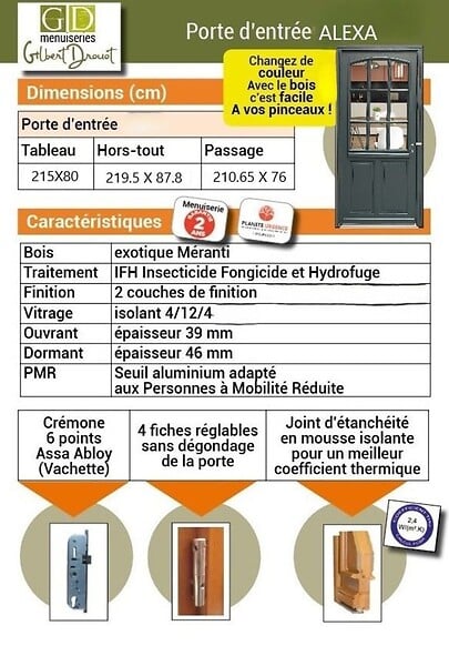 GD MENUISERIES - Porte d'entrée Bois Vitrée Alexa Gris Anthr., H215 x L90 cm Côte Tableau p.Gauche (Poignée, Barillet ref N158RPL -IN158RCI) - large