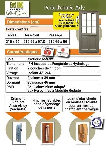GD MENUISERIES - Porte d'entrée Bois Vitrée Ady, Vert Gris Olive, H215 x L90 cm Côte Tableau, p.Gauche (Poignée, Barillet ref010723NO) - large
