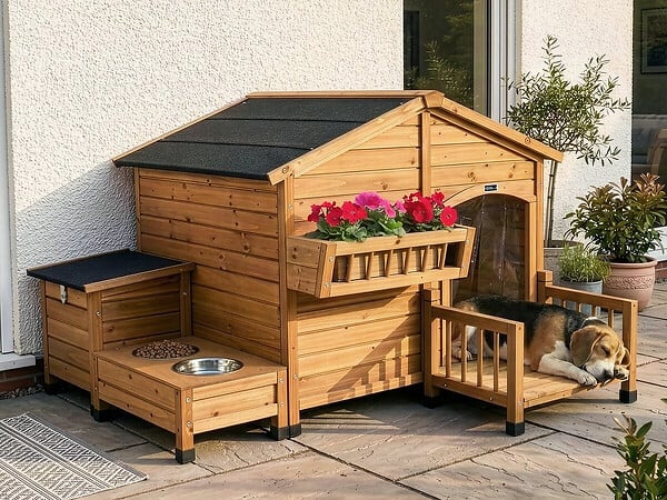 HABITAT ET JARDIN - Niche pour chien en bois avec mangeoire et boite de rangement "Rusty" - 151 x 138 x 100 cm - Marron - large