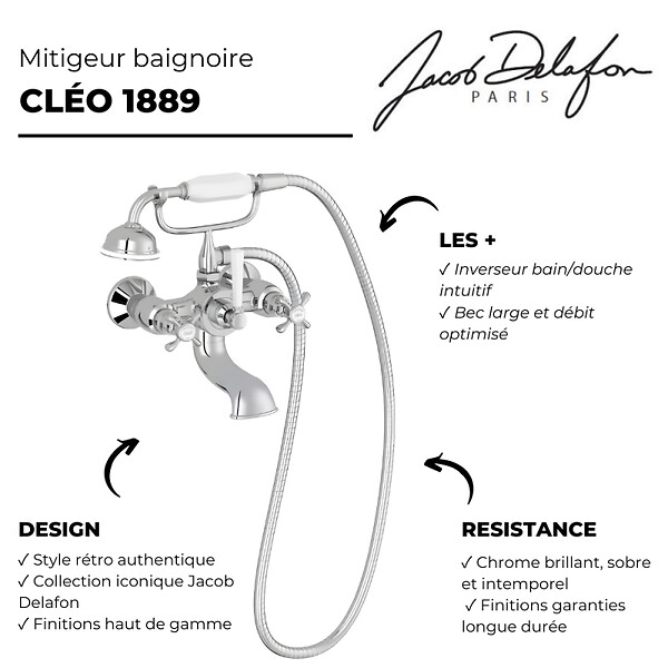 JACOB DELAFON - Mélangeur baignoire Cléo 1889 avec pommeau douche Chromé - large