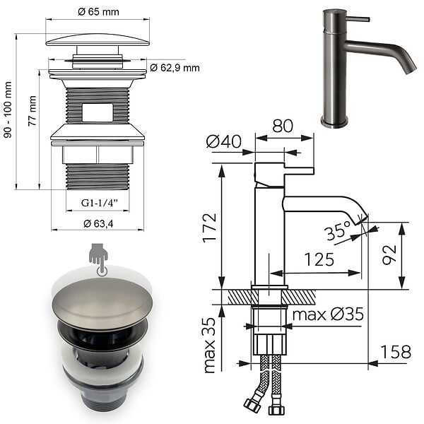FERRO - CIRICULUS Robinet mitigeur gris brossé + bonde - large