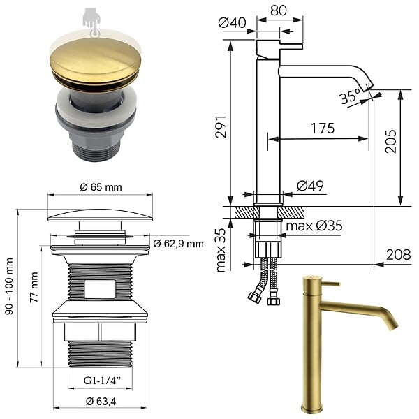 FERRO - CIRICULUS XL Robinet mitigeur haut Or brossé + bonde - large