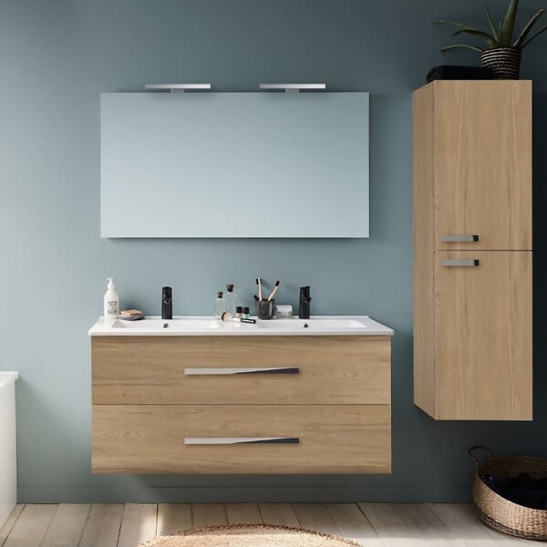 JACOB DELAFON - Pack meuble double vasque 120 cm Ola Up chêne + colonne + miroir + spot - large