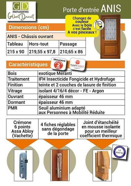 GD MENUISERIES - Porte d'entrée Bois Vitrée Anis, H215 x L90 cm Côte Tableau p.Droit - large