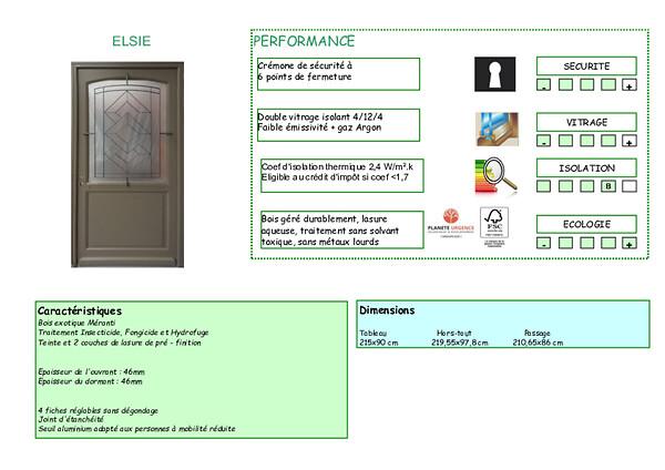 GD MENUISERIES - Porte d'entrée Bois Vitrée Elsie, Vert Gris Olive, H215 x L90 cm Côte Tableau p.Droit (Poignée, Barillet ref N158RPL -IN158RCI) - large