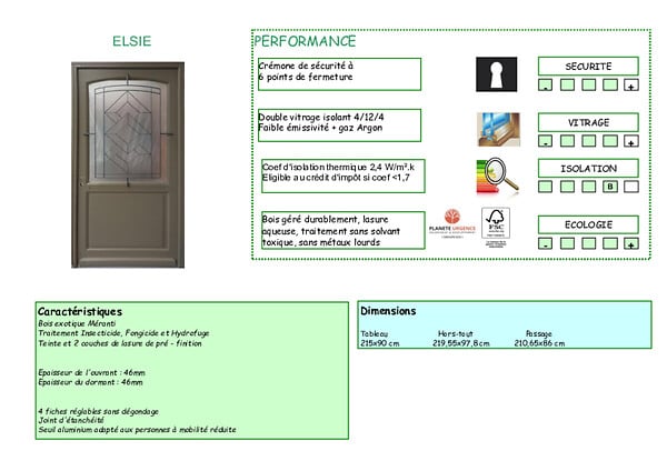 GD MENUISERIES - Porte d'entrée Bois Vitrée Elsie, Vert Gris Olive, H215 x L90 cm Côte Tableau p.Gauche (Poignée, Barillet ref N158RPL -IN158RCI) - large