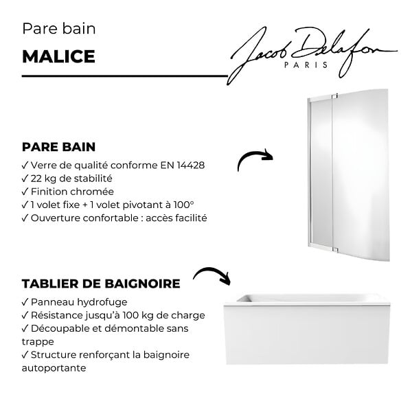 JACOB DELAFON - Tablier frontal baignoire rectangulaire + pare bain Installation en niche, blanc mat - large
