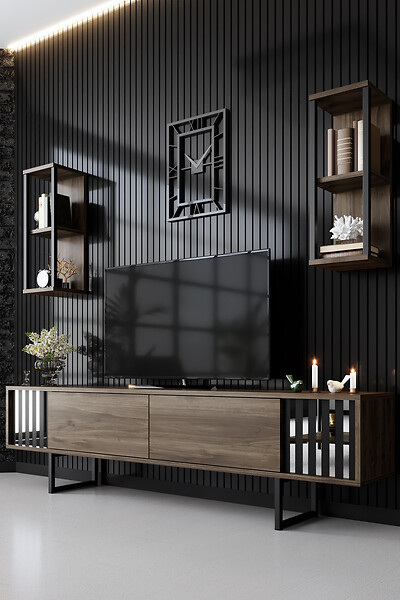 HABITAT ET JARDIN - Meuble TV en bois "Chrome Line" - 180 x 30 x 48 cm - NoyerNoir - large