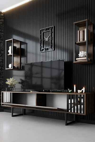 HABITAT ET JARDIN - Meuble TV en bois "Chrome Line" - 180 x 30 x 48 cm - NoyerNoir - large