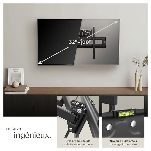 TECTAKE - Support mural TV 32"- 100" orientable et inclinable noir - large