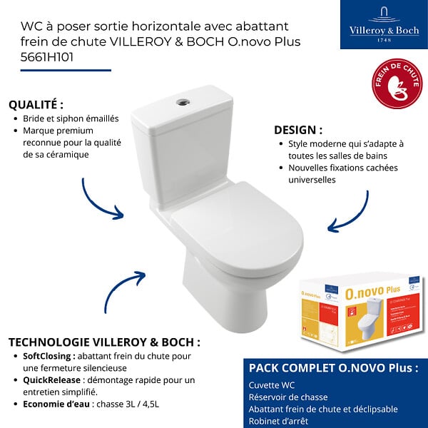 VILLEROY ET BOCH - WC à poser  O.novo avec abattant frein de chute déclipsable + nettoyant Briochin - large