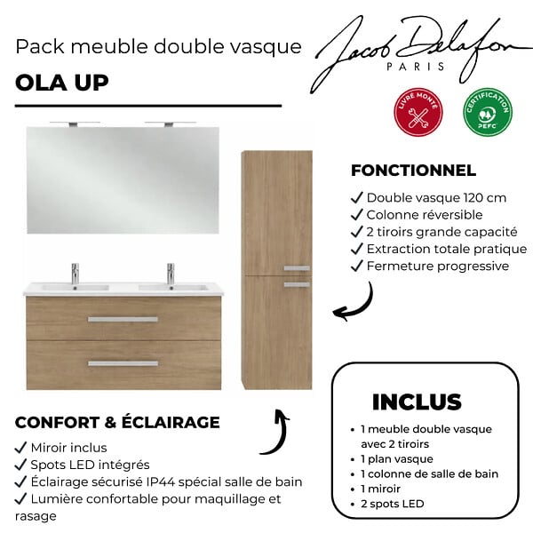 JACOB DELAFON - Pack meuble double vasque 120 cm Ola Up chêne + colonne + miroir + spot - large