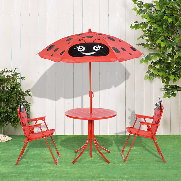 OUTSUNNY - Ensemble salon de jardin enfant 4 pcs design coccinelle - table ronde + 2 chaises pliables + parasol - métal époxy oxford rouge - large