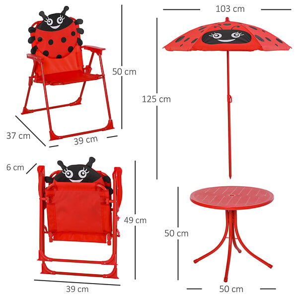 OUTSUNNY - Ensemble salon de jardin enfant 4 pcs design coccinelle - table ronde + 2 chaises pliables + parasol - métal époxy oxford rouge - large