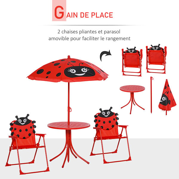 OUTSUNNY - Ensemble salon de jardin enfant 4 pcs design coccinelle - table ronde + 2 chaises pliables + parasol - métal époxy oxford rouge - large