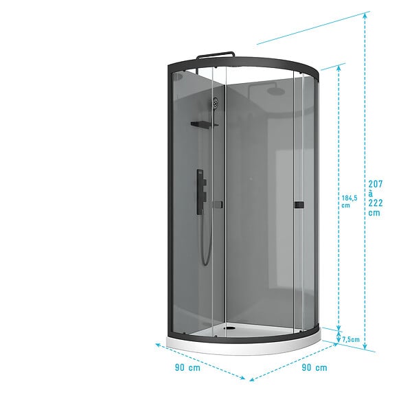 AURLANE - Cabine de douche 1/4 de cercle 90x90x207/222 cm - Receveur bas - Fonds Gris Profilés Noir Mat - FOGGY LOW - large