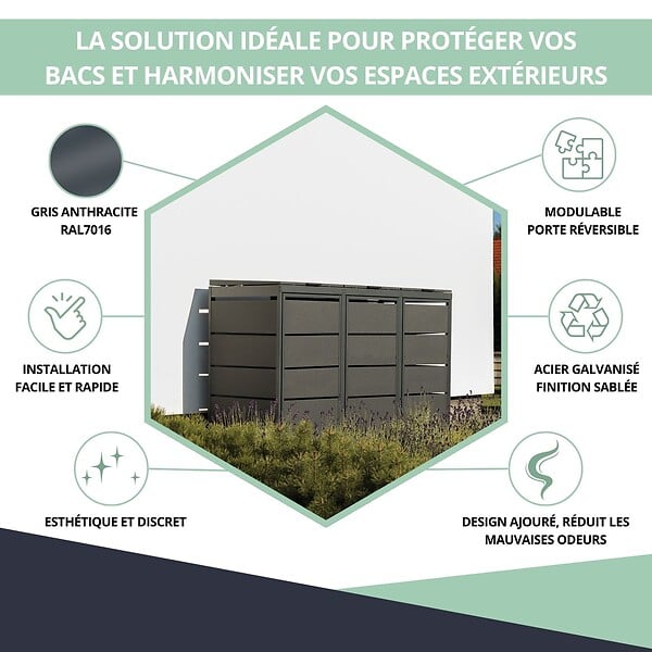 ATOLE - Cache poubelle extérieur triple en acier galvanisé - Abri poubelle pour 3 conteneurs 240 Litres - Anthracite RAL7016 - large