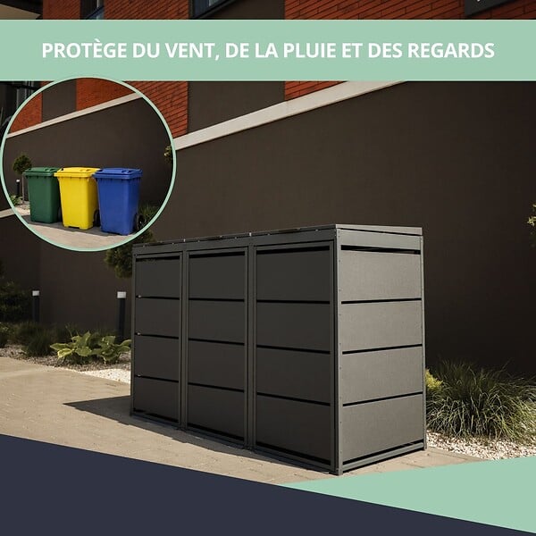 ATOLE - Cache poubelle extérieur triple en acier galvanisé - Abri poubelle pour 3 conteneurs 240 Litres - Anthracite RAL7016 - large