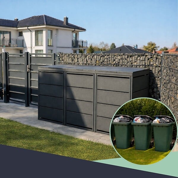 ATOLE - Cache poubelle extérieur triple en acier galvanisé - Abri poubelle pour 3 conteneurs 240 Litres - Anthracite RAL7016 - large