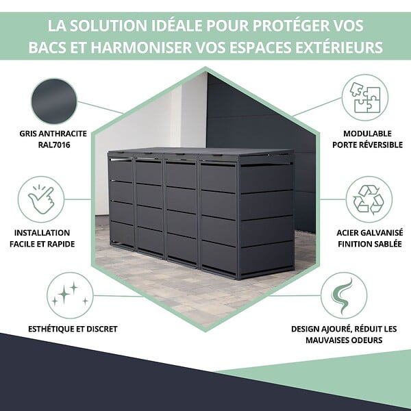 ATOLE - Cache poubelle extérieur quadruple en acier galvanisé - Abri poubelle pour 4 conteneurs 240 Litres - Anthracite RAL7016 - large