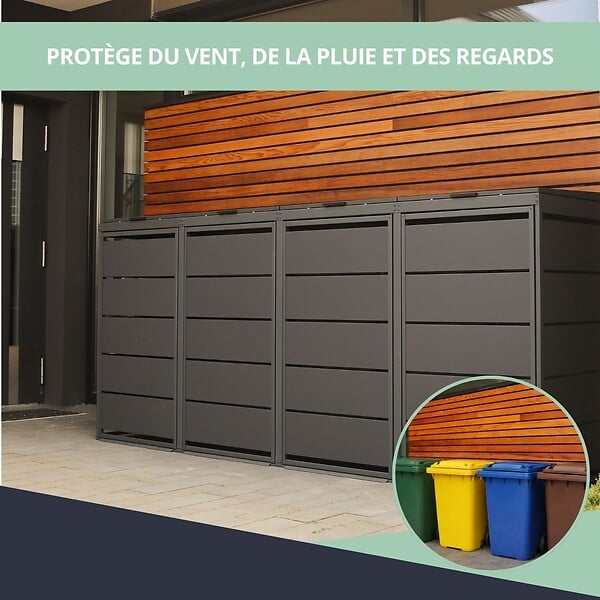 ATOLE - Cache poubelle extérieur quadruple en acier galvanisé - Abri poubelle pour 4 conteneurs 240 Litres - Anthracite RAL7016 - large