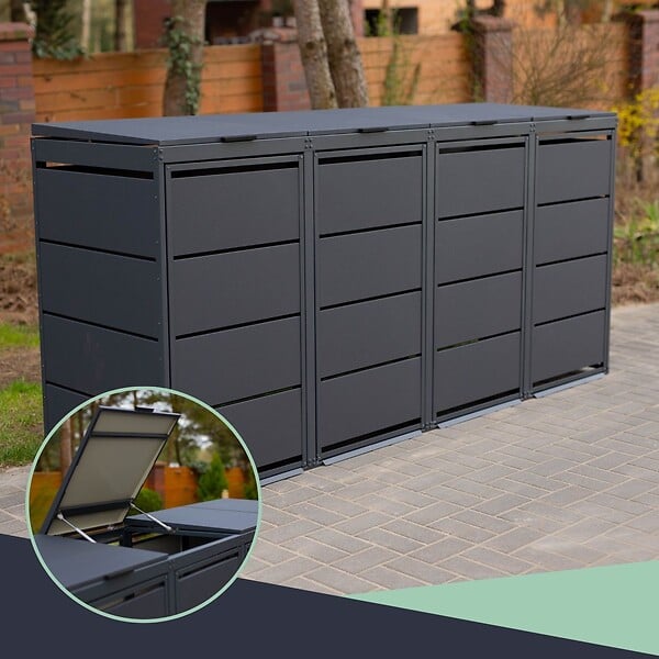 ATOLE - Cache poubelle extérieur quadruple en acier galvanisé - Abri poubelle pour 4 conteneurs 240 Litres - Anthracite RAL7016 - large