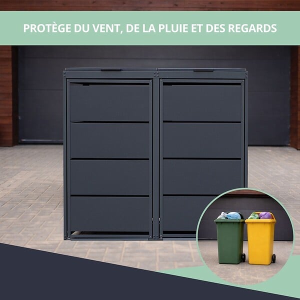 ATOLE - Cache poubelle extérieur double en acier galvanisé - Abri poubelle pour 2 conteneurs 120 Litres – Gris Anthracite RAL7016 - large