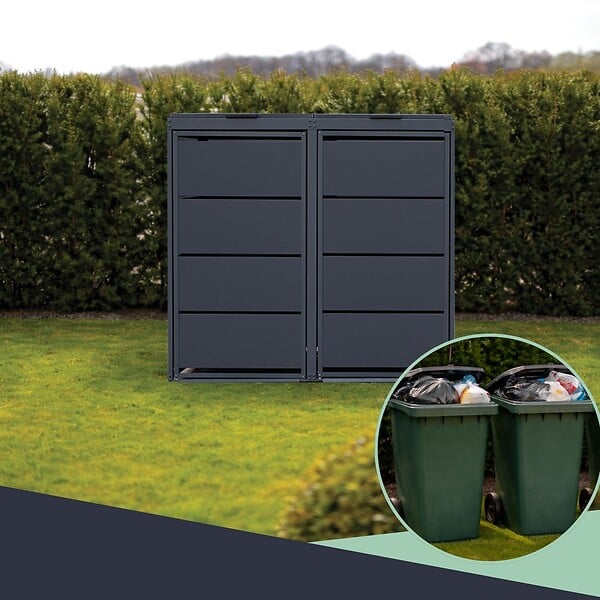 ATOLE - Cache poubelle extérieur double en acier galvanisé - Abri poubelle pour 2 conteneurs 120 Litres – Gris Anthracite RAL7016 - large