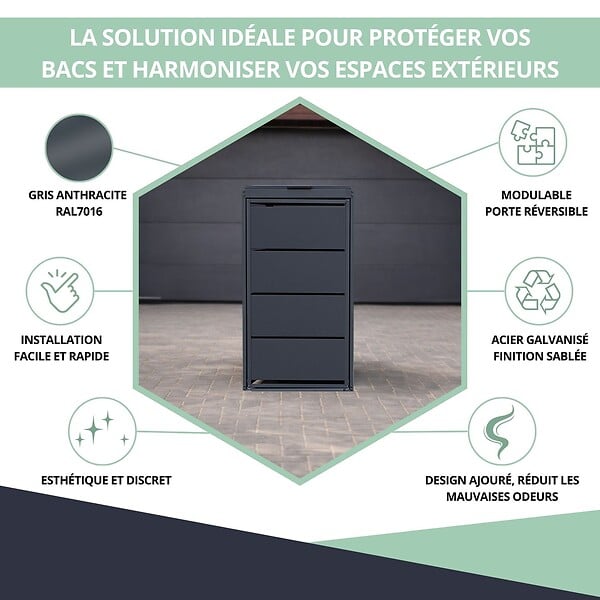 ATOLE - Cache poubelle extérieur simple en acier galvanisé - Abri poubelle pour 1 conteneur 120 Litres – Gris Anthracite RAL7016 - large