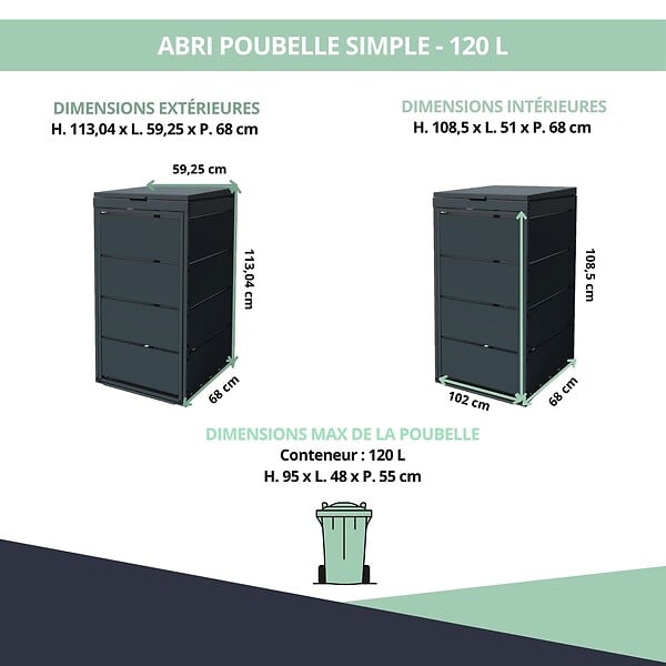 ATOLE - Cache poubelle extérieur simple en acier galvanisé - Abri poubelle pour 1 conteneur 120 Litres – Gris Anthracite RAL7016 - large