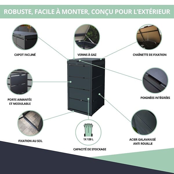 ATOLE - Cache poubelle extérieur simple en acier galvanisé - Abri poubelle pour 1 conteneur 120 Litres – Gris Anthracite RAL7016 - large