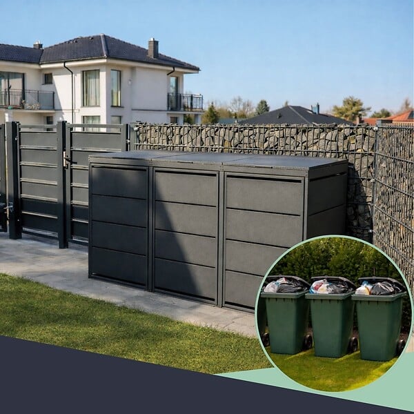 ATOLE - Cache poubelle extérieur triple en acier galvanisé - Abri poubelle pour 3 conteneurs 120 Litres - Anthracite RAL7016 - large