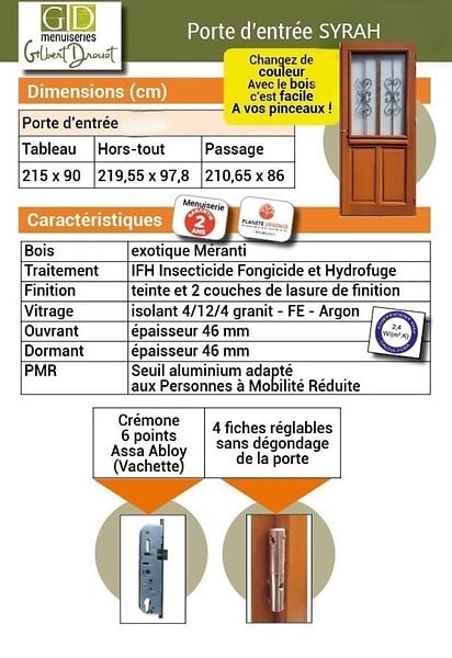 GD MENUISERIES - Porte d'entrée Bois Vitrée SyraH H215 x L90 cm Côte Tableau p.Droit (Poignée, Barillet ref N158RPL -IN158RCI) - large