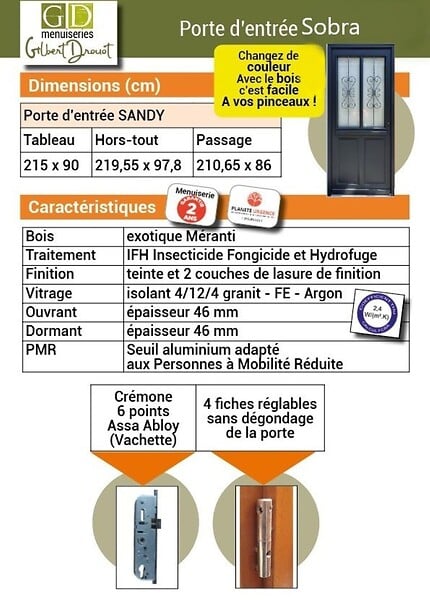GD MENUISERIES - Porte d'entrée Bois Vitrée Sobra, H215 x L90 cm Côte Tableau p.Gauche (Poignée, Barillet ref N158RPL -IN158RCI) - large