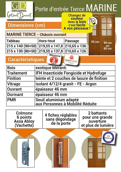 GD MENUISERIES - Porte d'entrée Tiercée Bois Vitrée Marine H215xL140 cm Côte Tableau p. Gauche - large