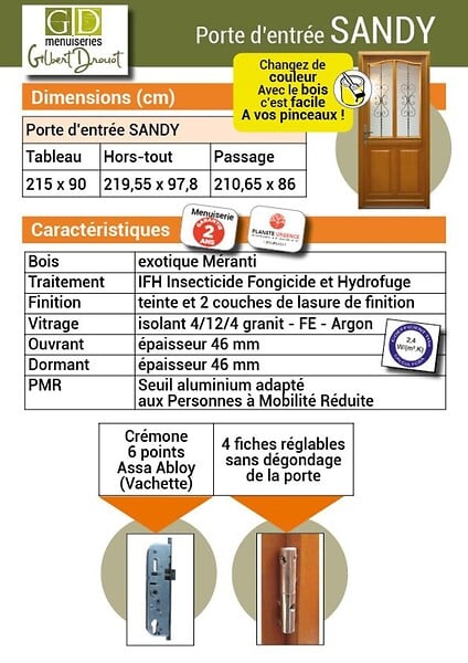 GD MENUISERIES - Porte d'entrée Bois Vitrée Sandy, H215 x L90 cm Côte Tableau p.Gauche (Poignée, Barillet ref 010403FP) - large
