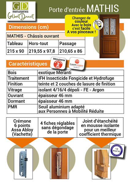 GD MENUISERIES - Porte d'entrée Bois Vitrée Mathis, H200 x L90 cm Côte Tableau p.Droit - large