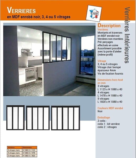 GD MENUISERIES - Verriere d'Atelier Bois MDF Noir 3 Vitrages Clairs H108 cm x L112 cm - large