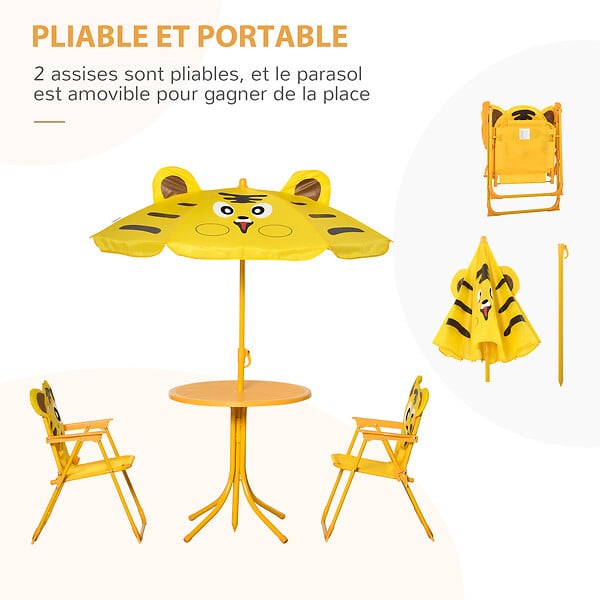 OUTSUNNY - Ensemble salon de jardin enfant 4 pcs design tigre - table ronde + 2 chaises pliables + parasol - métal époxy oxford jaune - large