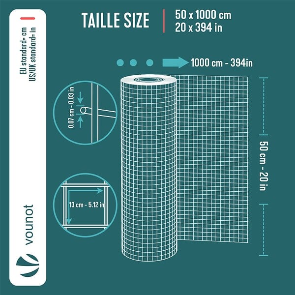 VOUNOT - Grillage a maille soude en acier galvanise 13mm fil 0.7mm 0.5x10m metal - large
