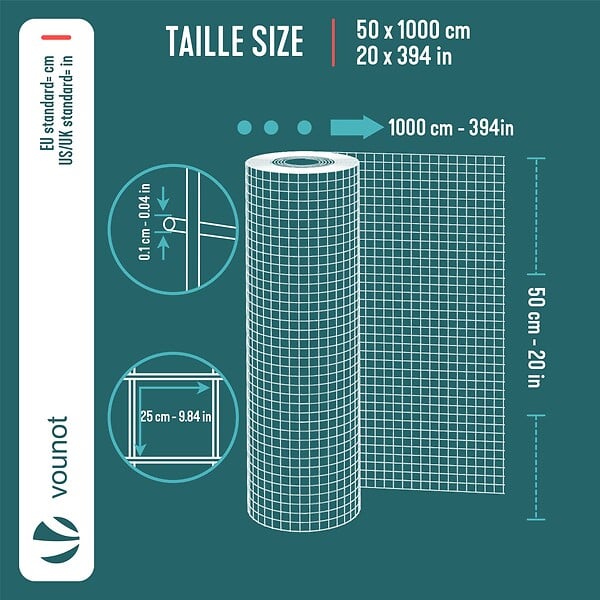 VOUNOT - Grillage a maille soude en acier gaine PVC 25mm fil 1mm 0.5x10m vert - large
