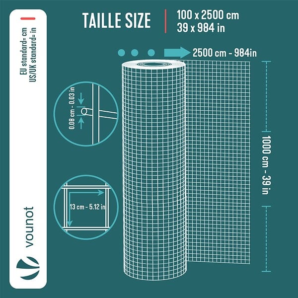 VOUNOT - Grillage a maille soude en acier gaine PVC 13mm fil 0.8mm 1x25m vert - large