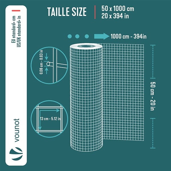 VOUNOT - Grillage a maille soude en acier gaine PVC 13mm fil 0.8mm 0.5x10m gris - large