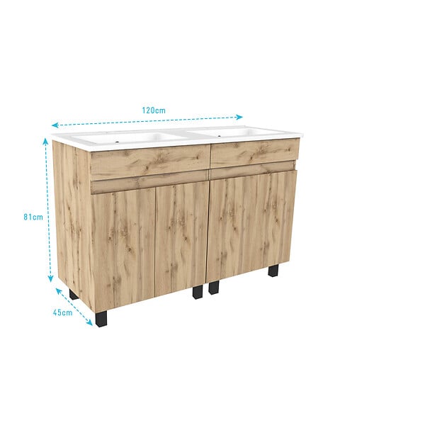 AURLANE - Meuble de salle de bains 120cm 4 Portes_Chêne Naturel + Vasque céramique blanche - TIMBER 120 - large