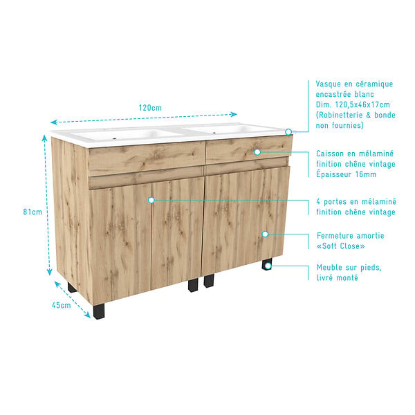 AURLANE - Meuble de salle de bains 120cm 4 Portes_Chêne Naturel + Vasque céramique blanche - TIMBER 120 - large