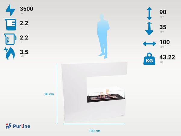 PURLINE - Cheminée à l'éthanol au sol en acier blanc et verre trempé - large