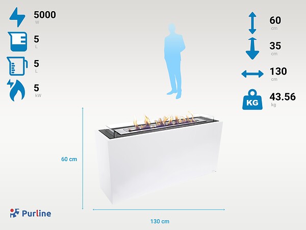 PURLINE - Grande cheminée à l'éthanol au sol en acier blanc et 3 brûleurs. - large