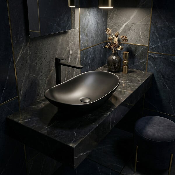 SWISS AQUA TECHNOLOGIES - Swiss Aqua Technologies Set complet vasque à poser 61,5 x 36 cm noir mat + mitigeur haut XL assorti – salle de bain moderne B-Way (SATINF61536BKM-BWAY) - large